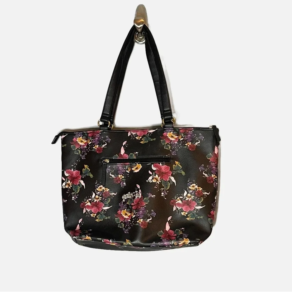 Nicole by Nicole Miller black flower satchel tote bag faux leather gold accents - Picture 2 of 8